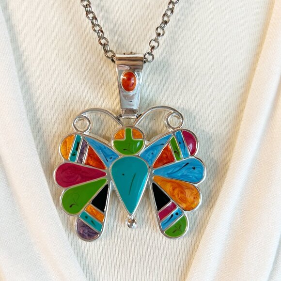 Vintage Enamel Butterfly Pendant Necklace w Silver Tone Chain Signed Best - Picture 7 of 7